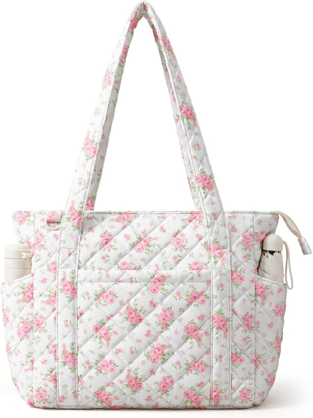 Quilted Tote Bag for Women, Floral Quilted Tote Bag with Zipper, Cute Shoulder B